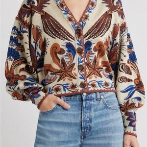 FARM Rio Floral Jacquard Button-Front Cardigan in Cream, Brown & Blue
